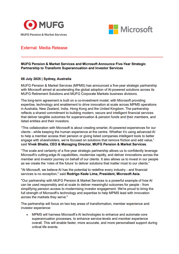 MUFG Pension & Market Services and Microsoft Announce Five-Year Strategic Partnership to Transform Superannuation and Investor Services