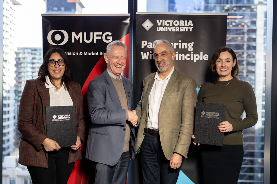 Representatives from MUFG Retirement Solutions and Victoria University mark the announcement of their partnership